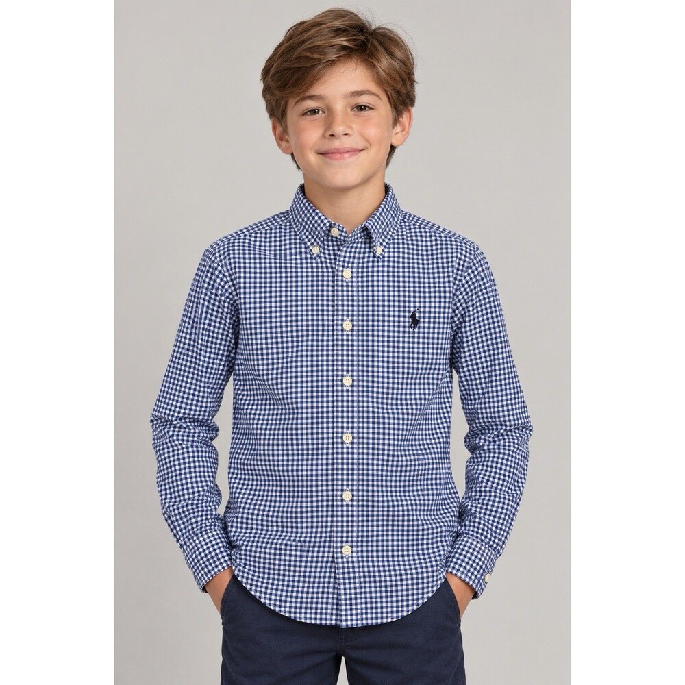 Polo Ralph Lauren Button Down Shirt Kids Size 8 M Blue Excellent Gingham Stretch